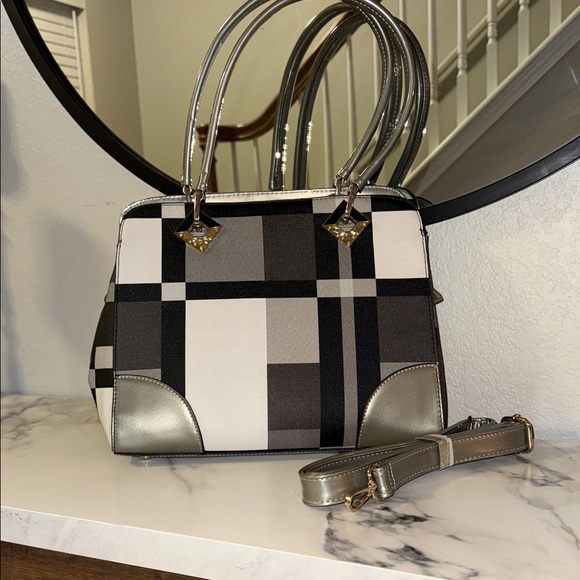 Handbags - Elegant Checkered Satchel with Metallic Accents